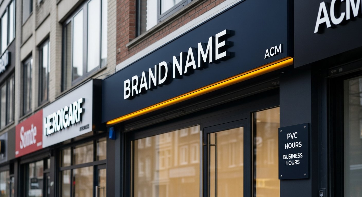 AI_IMAGE: A commercial storefront exterior with a professionally installed ACM sign board above the entrance. The sign features bold brand name in 3D raised letters on a dark navy aluminum composite panel with amber LED strip accent along the bottom edge. Business hours printed on a smaller PVC plate beside the glass door. Urban commercial street setting during daytime with other storefronts visible | photorealistic | landscape