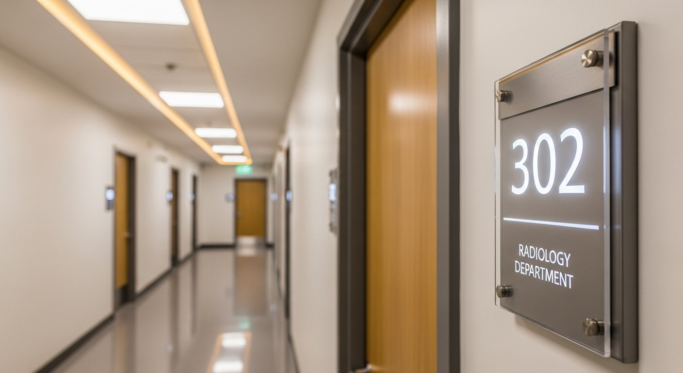 AI_IMAGE: Interior of a modern medical clinic corridor with professional wayfinding signage. Brushed aluminum room identification plates with clear acrylic covers and backlit LED numbers mounted beside each door. Clean white walls, polished floor, and recessed ceiling lighting creating a professional healthcare environment. Sharp focus on the nearest sign showing room number and department name | photorealistic | landscape