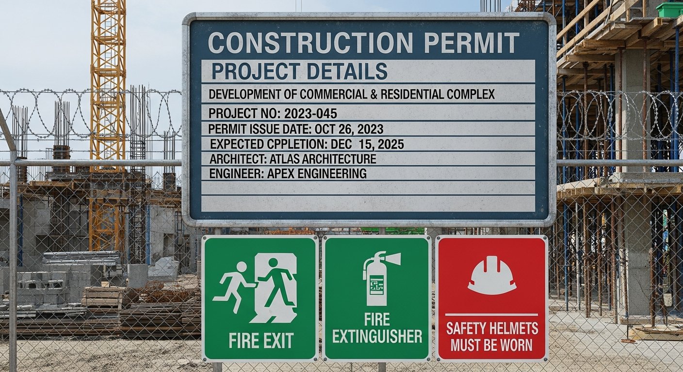 AI_IMAGE: A construction site entrance with regulatory safety signage boards. Large galvanized steel construction permit sign displaying project details, architect and engineer names. Beside it, green and red photoluminescent safety signs showing fire exit routes, fire extinguisher location, and hard hat required áreas. Chain-link fence and construction scaffolding visible in background. Daylight photography with clear readable signage | photorealistic | landscape