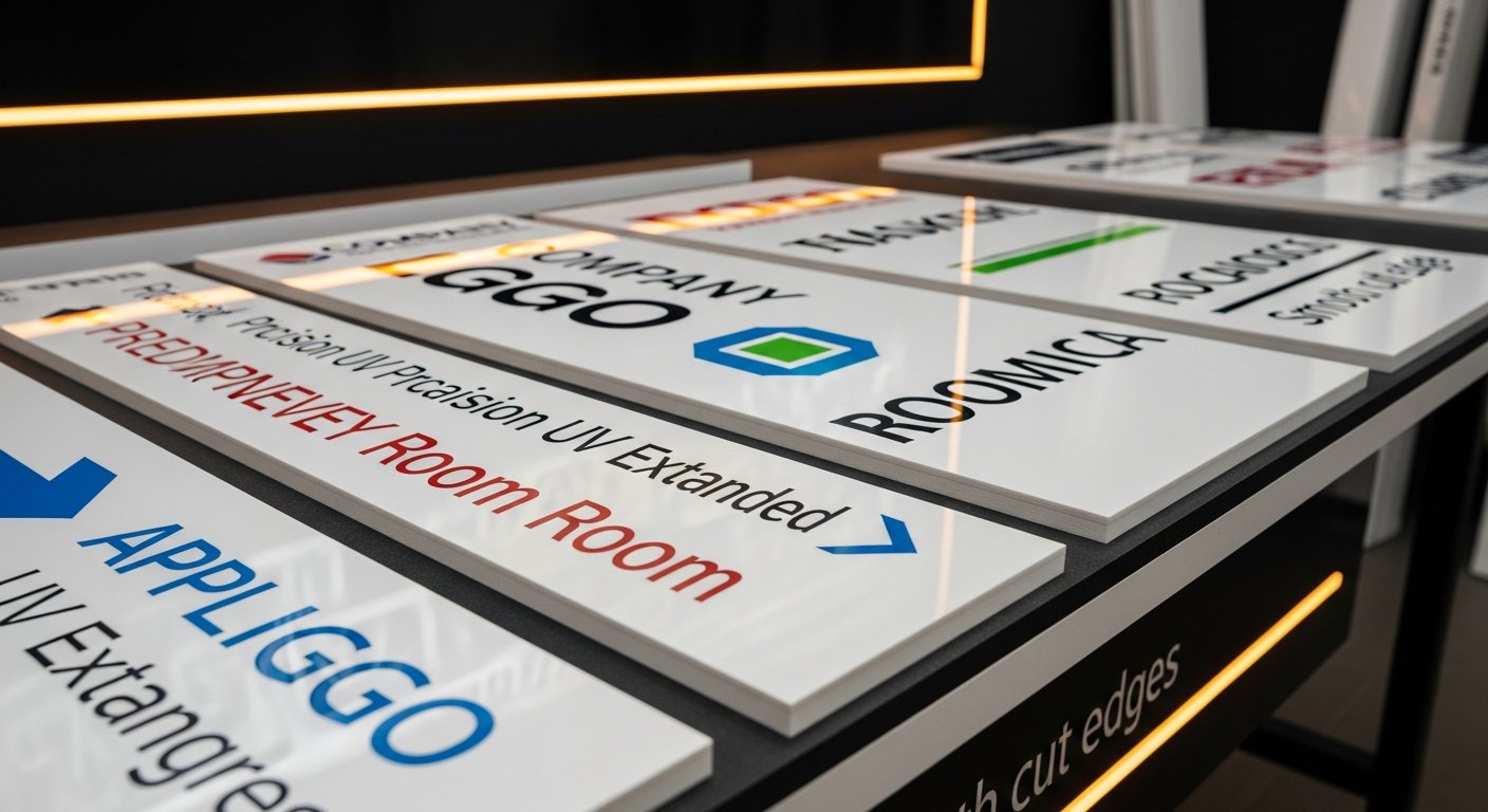 AI_IMAGE: Close-up photograph of white PVC expanded sign boards stacked and displayed in a professional sign shop. The boards show precision UV-printed graphics including company logos, room identification text, and directional arrows in vibrant colors on the smooth white PVC surface. Clean workshop environment with dark background and warm amber accent lighting highlighting the print quality and smooth cut edges | photorealistic | landscape