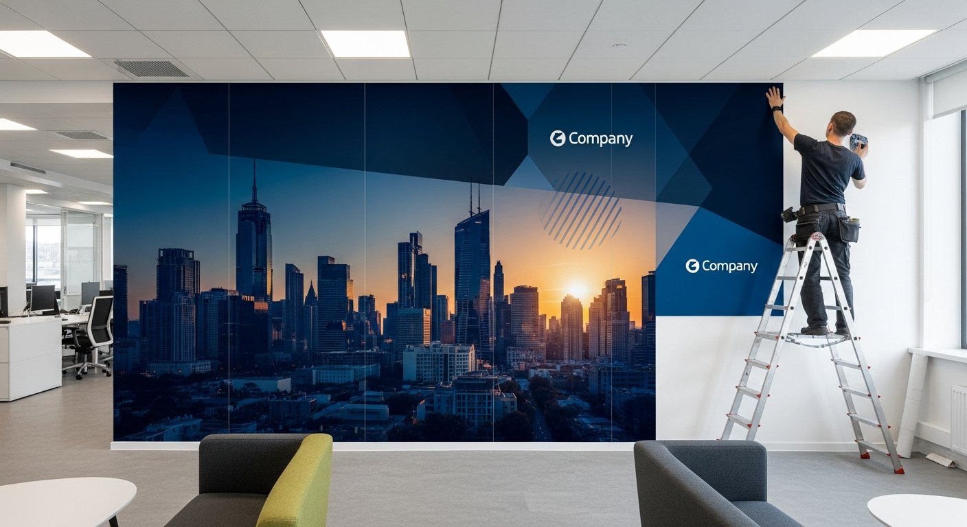 AI_IMAGE: A modern corporate office wall with a large-format decorative vinyl wall mural being installed. The mural features an inspiring cityscape photograph in deep blue and amber tones integrated with the company brand elements. An installer on a step ladder smooths the final panel into place. Contemporary office furniture visible in the foreground. Bright even lighting showing the seamless panel joins and vivid print quality | photorealistic | landscape