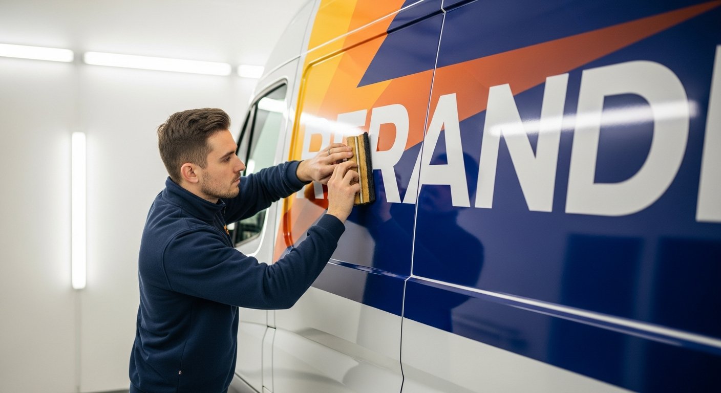 AI_IMAGE: A professional vehicle wrap technician applying a large printed vinyl graphic to the side panel of a white commercial van inside a clean workshop. The vinyl shows vibrant brand graphics in amber and deep blue colors being carefully smoothed with a felt squeegee. Bright workshop fluorescent lighting, partially wrapped vehicle showing the transition from plain white panel to fully branded surface | photorealistic | landscape