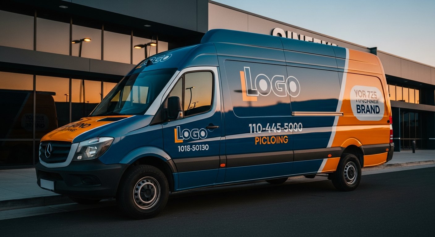 AI_IMAGE: A professional photograph of a white commercial delivery van with full-body vehicle wrap featuring bold brand graphics in deep blue and amber colors. The van is parked at an angle in front of a modern commercial building, showing the full side panel with large logo and contact information printed in high-resolution vinyl. Clean asphalt, dramatic evening lighting with warm amber street lamps creating reflections on the glossy vinyl surface. Professional fleet branding photography style | photorealistic | landscape