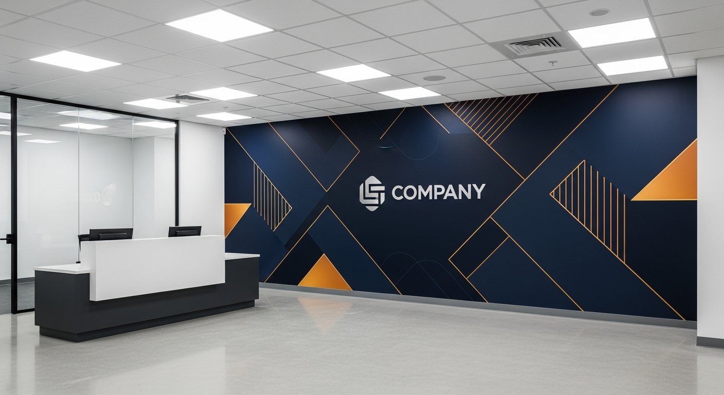 AI_IMAGE: A professional interior photograph of a modern corporate office reception área with large-format wall graphics applied as premium adhesive vinyl. The wall features an inspiring brand mural with geometric patterns in deep navy blue and amber accent colors, integrated with the company logo in metallic finish. Sleek reception desk in front, polished concrete floor, recessed LED ceiling lights casting even illumination on the wall graphics. Clean contemporary corporate interior design | photorealistic | landscape