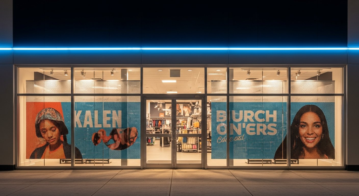 AI_IMAGE: A professional photograph of a modern retail storefront at night with high-quality perforated vinyl window graphics showing colorful promotional imagery. The interior warm lighting glows through the micro-perforations creating a dual-layer visual effect. Clean aluminum window frames, polished concrete sidewalk, and subtle blue LED strip lighting along the store fascia. Shot straight-on at eye level showing the full glass facade with crisp graphic details | photorealistic | landscape