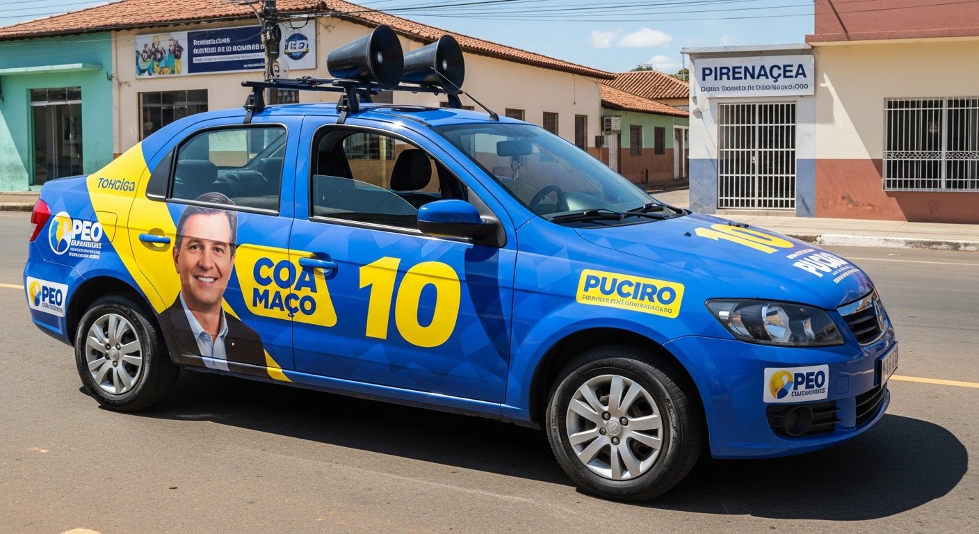 AI_IMAGE: A compact Brazilian sedan fully wrapped in political campaign vinyl graphics in blue and yellow colors, featuring a candidate portrait, campaign number in large bold typography, and party logo. The car is parked on a sunlit street in a small Brazilian city with low commercial buildings in the background. Rooftop speaker system visible. Clean professional vehicle wrap with seamless panel transitions | photorealistic | landscape