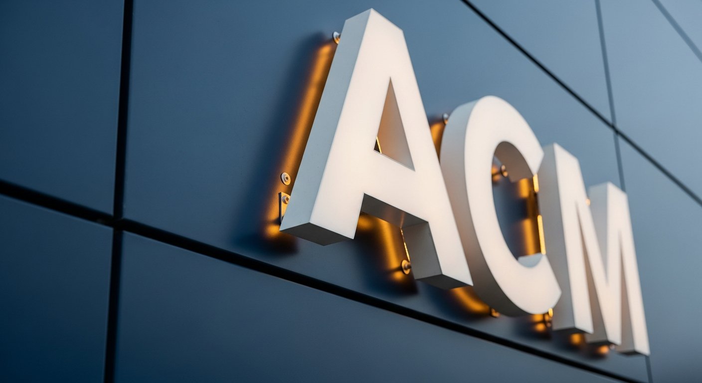 AI_IMAGE: Close-up detail photograph of white 3D PVC channel letters mounted on dark blue ACM aluminum composite panel facade, showing the precision of letter edges and warm LED side-lighting creating a soft amber glow along the letter profiles. Visible mounting hardware is clean and concealed. Daytime shot with soft overcast light revealing material textures and professional finish quality | photorealistic | landscape