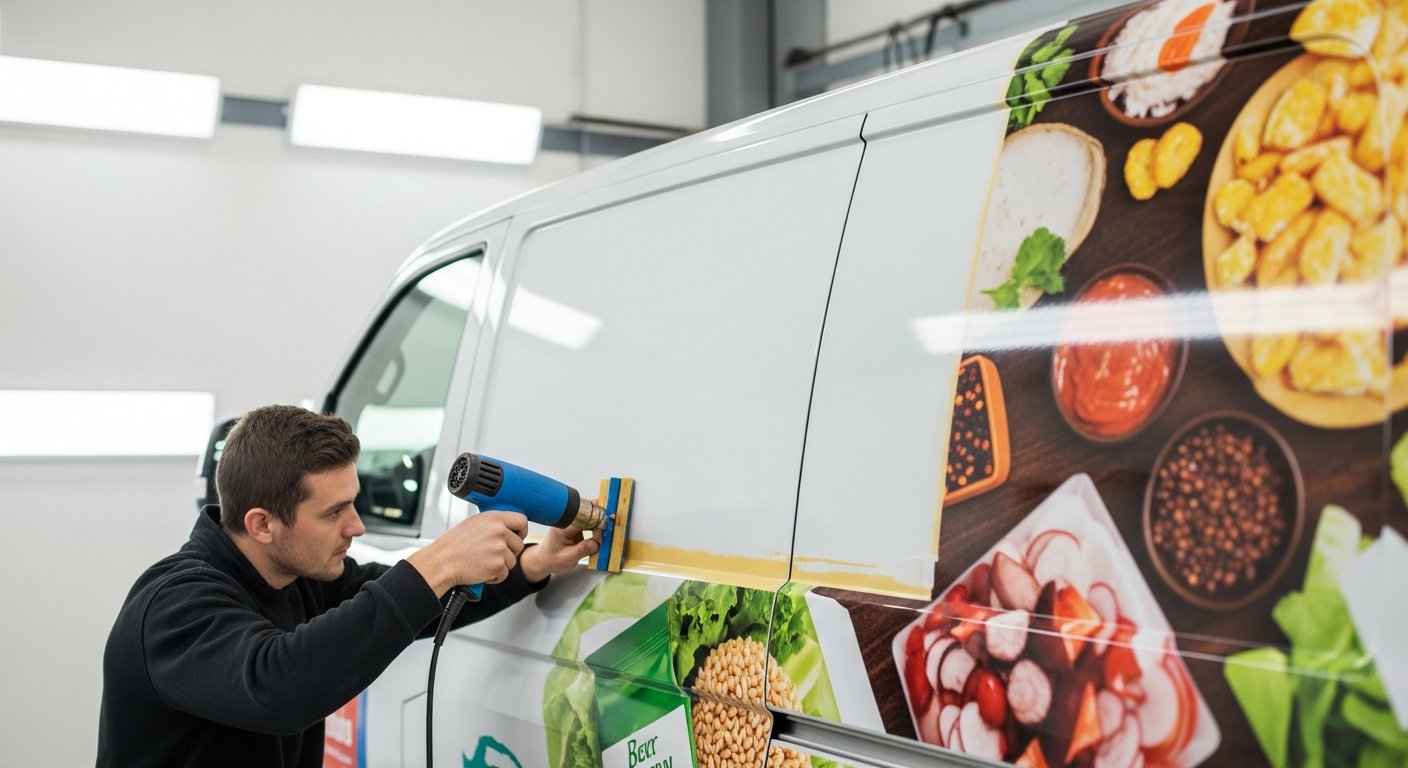 AI_IMAGE: Close-up photograph of a professional vehicle wrap application in progress on a white commercial van, showing a technician using a heat gun and squeegee to apply a vibrant printed vinyl graphic with food product imagery. The workshop environment has bright fluorescent lighting, and the partially applied wrap shows the transition from bare white panel to fully branded surface. Professional signage production setting | photorealistic | landscape