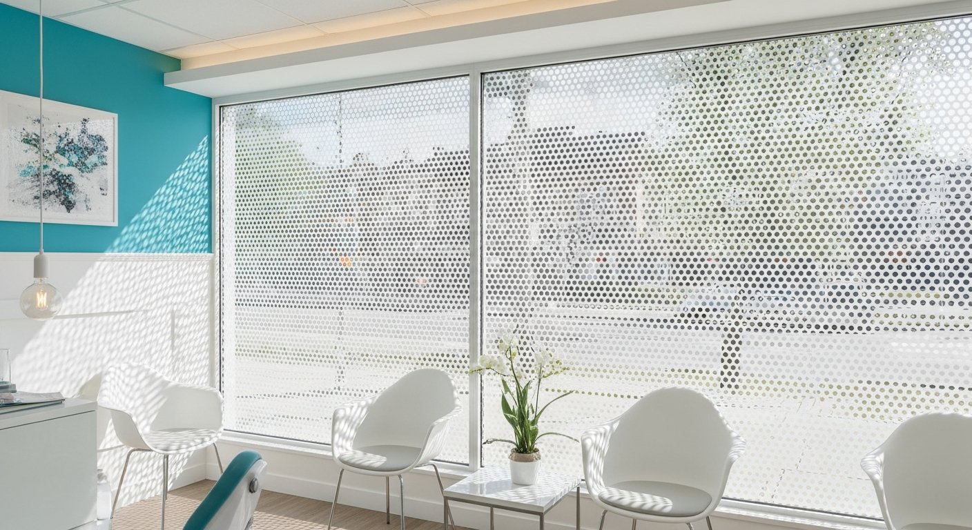 AI_IMAGE: Interior view from inside a dental clinic looking outward through a perforated vinyl window graphic, showing how natural daylight passes through the micro-perforations while the printed design is barely visible from this side. A clean modern waiting room with white chairs and teal accents is in the foreground, and the street scene outside is clearly visible through the perforated material. Soft natural lighting demonstrates the see-through effect of one-way vision film | photorealistic | landscape