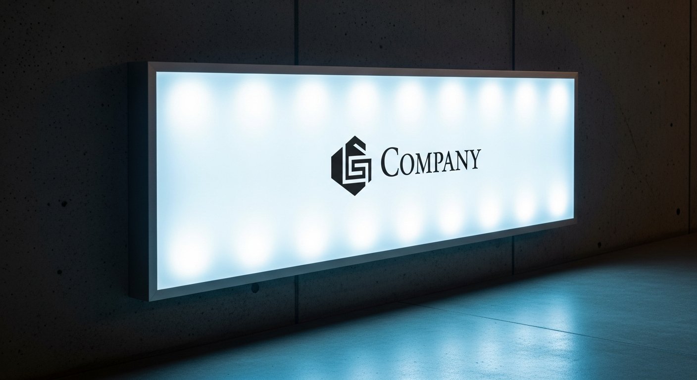 AI_IMAGE: A rectangular illuminated lightbox sign mounted flush against a dark concrete wall. The lightbox has a slim brushed aluminum frame and a milky white acrylic face evenly backlit by LED modules, displaying a company logo and text in sharp silhouette. The surrounding wall is minimally lit, making the lightbox the dominant light source in the frame. Cool blue ambient reflections on the concrete surface beneath. Clean contemporary commercial interior corridor setting | photorealistic | landscape