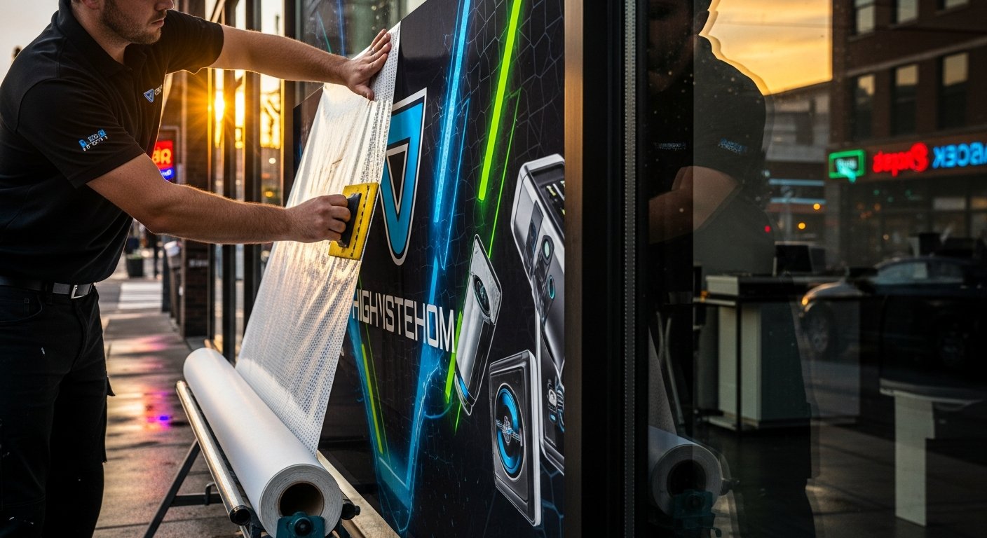 AI_IMAGE: Large perforated vinyl adhesive film being applied to a commercial glass storefront window. The one-way vision vinyl shows vibrant branded graphics on the exterior while maintaining visibility from inside. Professional installer smoothing the material with a squeegee. Urban commercial setting with dramatic lighting | photorealistic | landscape