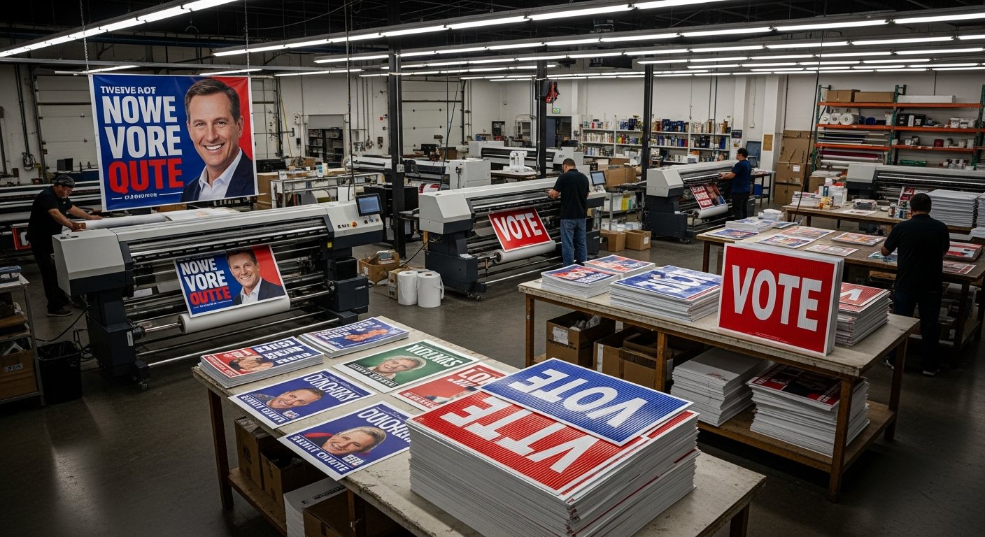 AI_IMAGE: Political campaign signage production in a professional print shop. Large format banners, coroplast yard signs, and vinyl campaign posters being produced on wide-format printers. Multiple colorful political campaign materials stacked and organized. Industrial production environment with dramatic overhead lighting | photorealistic | landscape