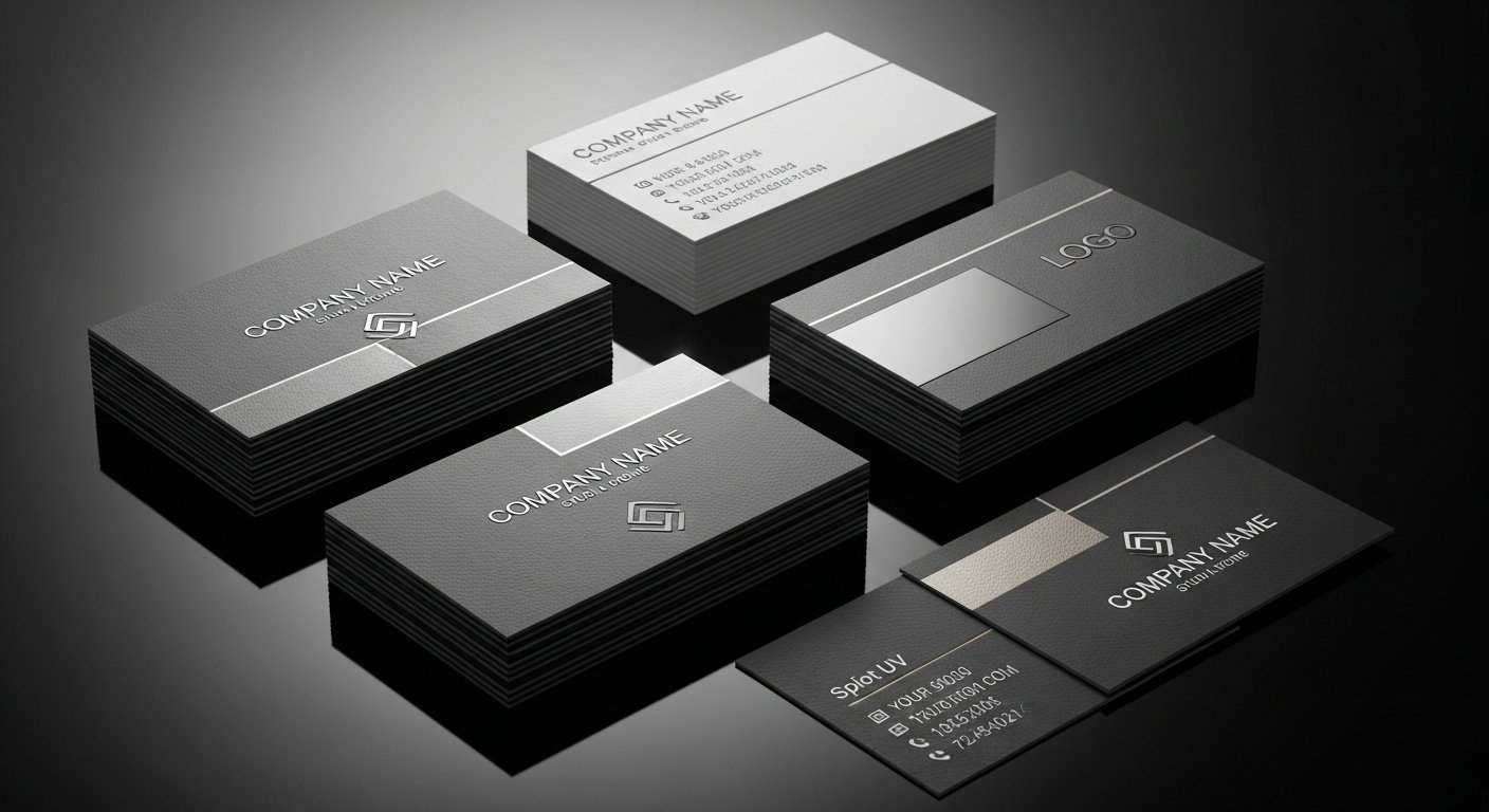 AI_IMAGE: Elegant stack of premium business cards with embossed lettering and spot UV finish on a dark surface. Modern minimalist design with clean typography, showing front and back of the cards. Professional studio lighting with subtle reflections highlighting the card texture and print quality | photorealistic | landscape