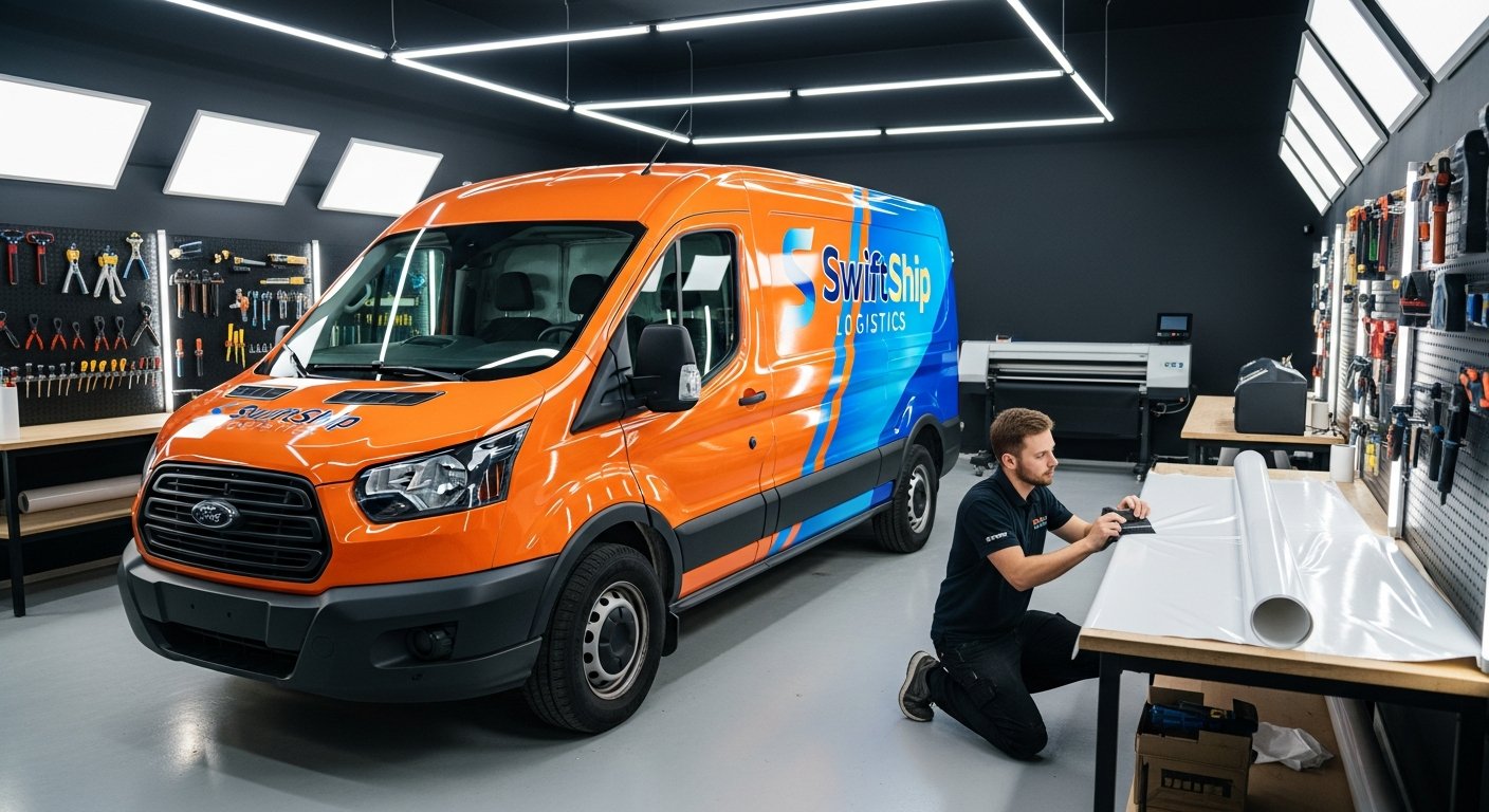 AI_IMAGE: Commercial delivery van being wrapped with branded vinyl graphics in a professional vehicle wrap shop. The van shows a partial wrap with vibrant colors and company branding being carefully applied by a technician. Clean workshop environment with bright professional lighting against dark walls | photorealistic | landscape