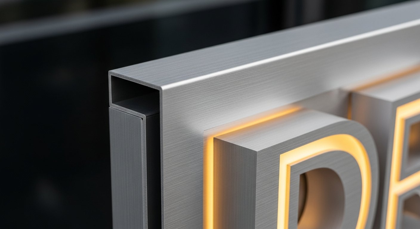 AI_IMAGE: Close-up detail of ACM aluminum composite panel facade installation showing the precision-cut profile where brushed silver ACM meets a recessed LED channel letter module. The letter edge glows with warm amber light, and the panel surface shows subtle metallic grain texture. Dark architectural background with shallow depth of field emphasizing material quality and craftsmanship | photorealistic | landscape