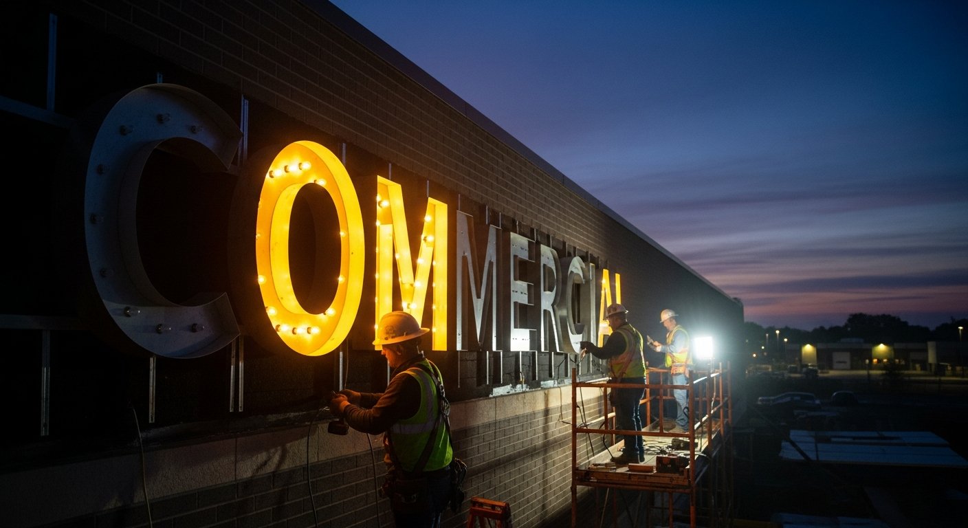 AI_IMAGE: Professional illuminated channel letter signage being installed on a commercial building at dusk. Large 3D metal letters with internal LED lighting, showing the installation process with workers on scaffolding. Warm amber glow from the letters contrasting against dark twilight sky. Industrial professional atmosphere | photorealistic | landscape