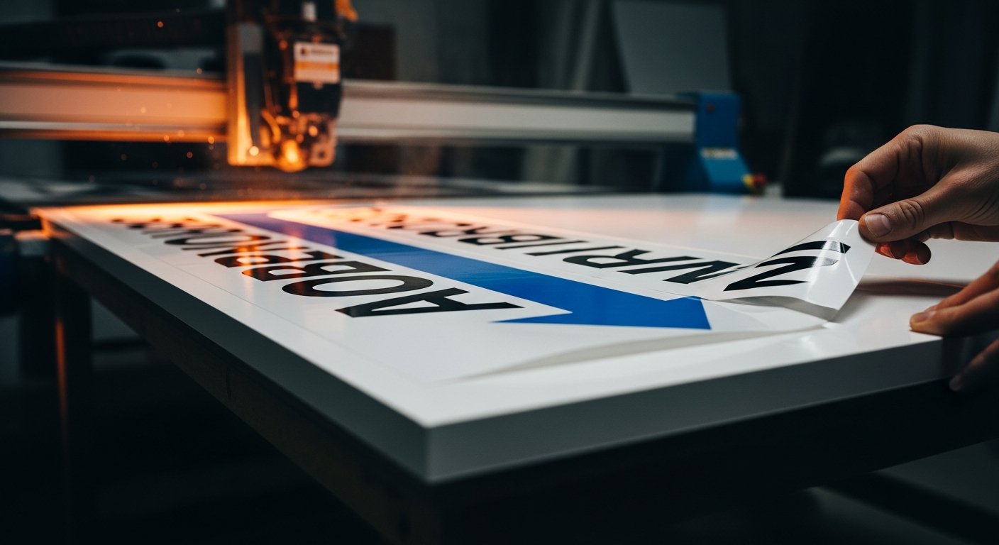 AI_IMAGE: Close-up of professionally cut white PVC sign boards with vinyl lettering being assembled in a sign shop workshop. Clean white PVC panels with precision-cut edges, crisp printed graphics being applied. Workshop environment with professional cutting tools visible. Dark moody lighting with selective amber accent spots | photorealistic | landscape