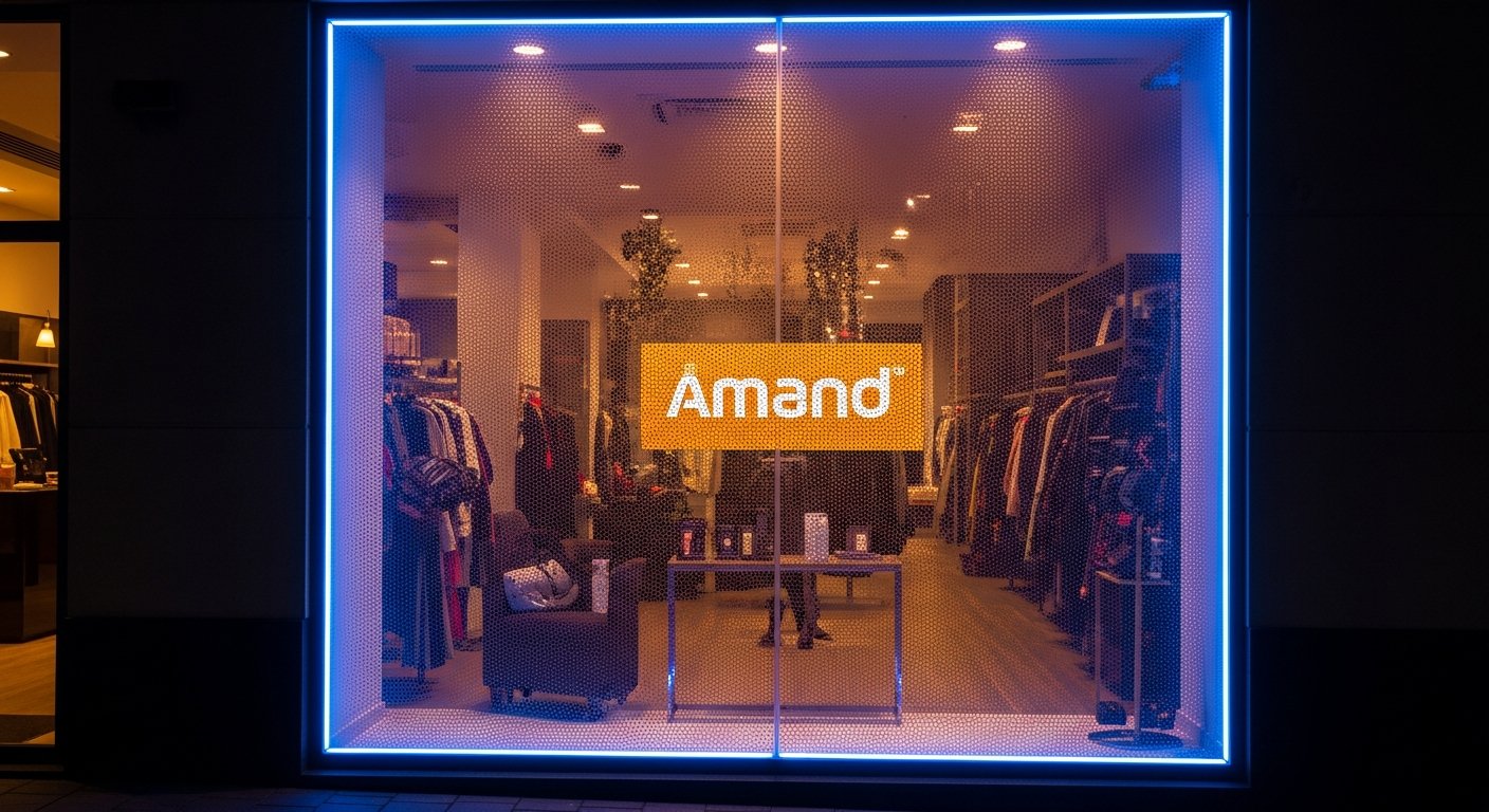 AI_IMAGE: A retail storefront at night with a large glass window covered in perforated adhesive vinyl (micro-perforated window film). The exterior shows a vivid full-color promotional graphic with a brand logo in amber tones, while through the glass the interior warm lighting is faintly visible confirming the see-through property. Street-level perspective with LED strip lighting along the window frame edge creating an electric blue accent glow | photorealistic | landscape