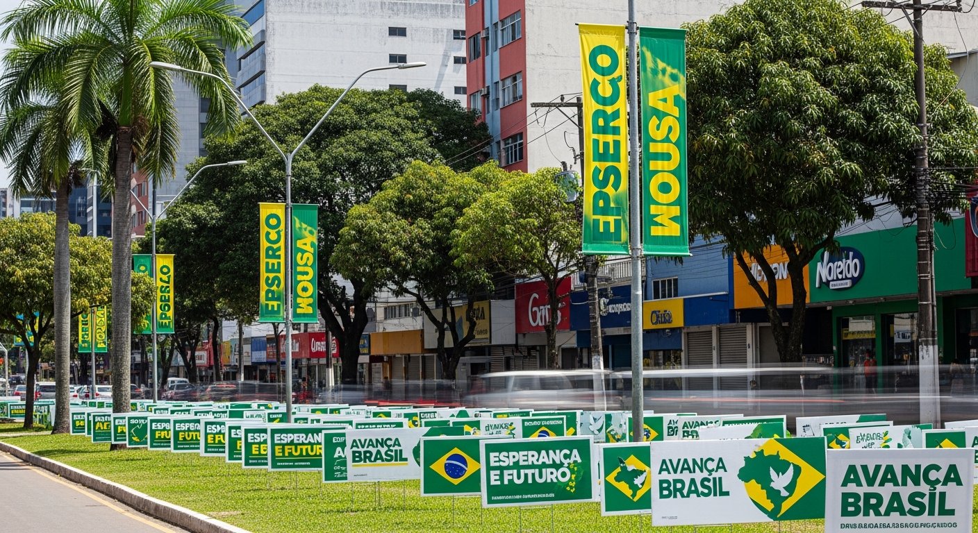 AI_IMAGE: A vibrant political campaign signage display showing large format banners and coroplast yard signs with bold typography and patriotic green and yellow color scheme, arranged along a Brazilian city street with tropical trees and commercial buildings in the background, professional campaign material production showcase | photorealistic | landscape