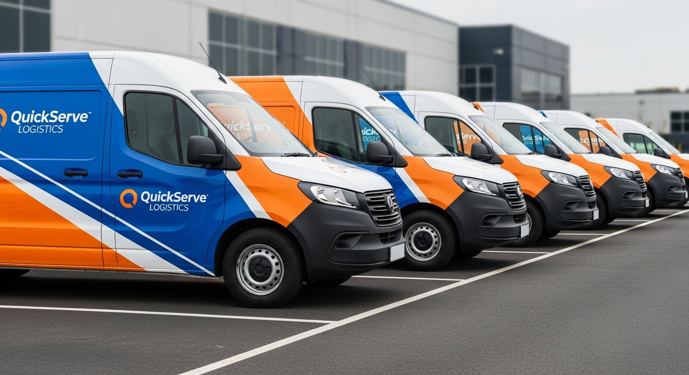 AI_IMAGE: A fleet of white commercial delivery vans parked in a row, partially wrapped with vibrant branded vehicle graphics in blue and orange colors, showing professional fleet vehicle wrapping and vinyl application in a commercial parking lot during daytime, clean composition with depth of field | photorealistic | landscape