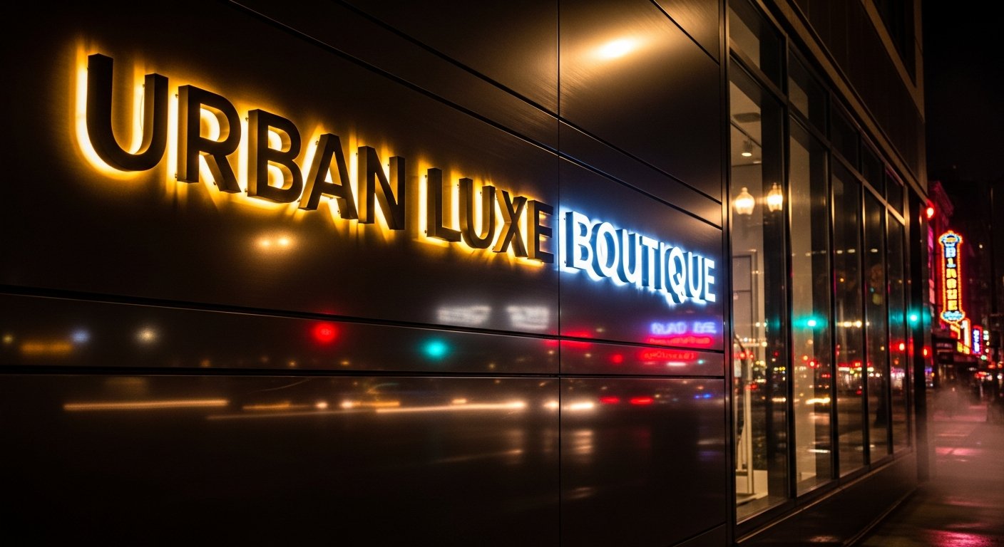 AI_IMAGE: A dramatic close-up of a premium modern commercial storefront facade at night featuring illuminated 3D channel letters in amber and white LED light mounted on sleek dark aluminum composite panels, with glass reflections and urban street context visible, professional architectural photography | photorealistic | landscape