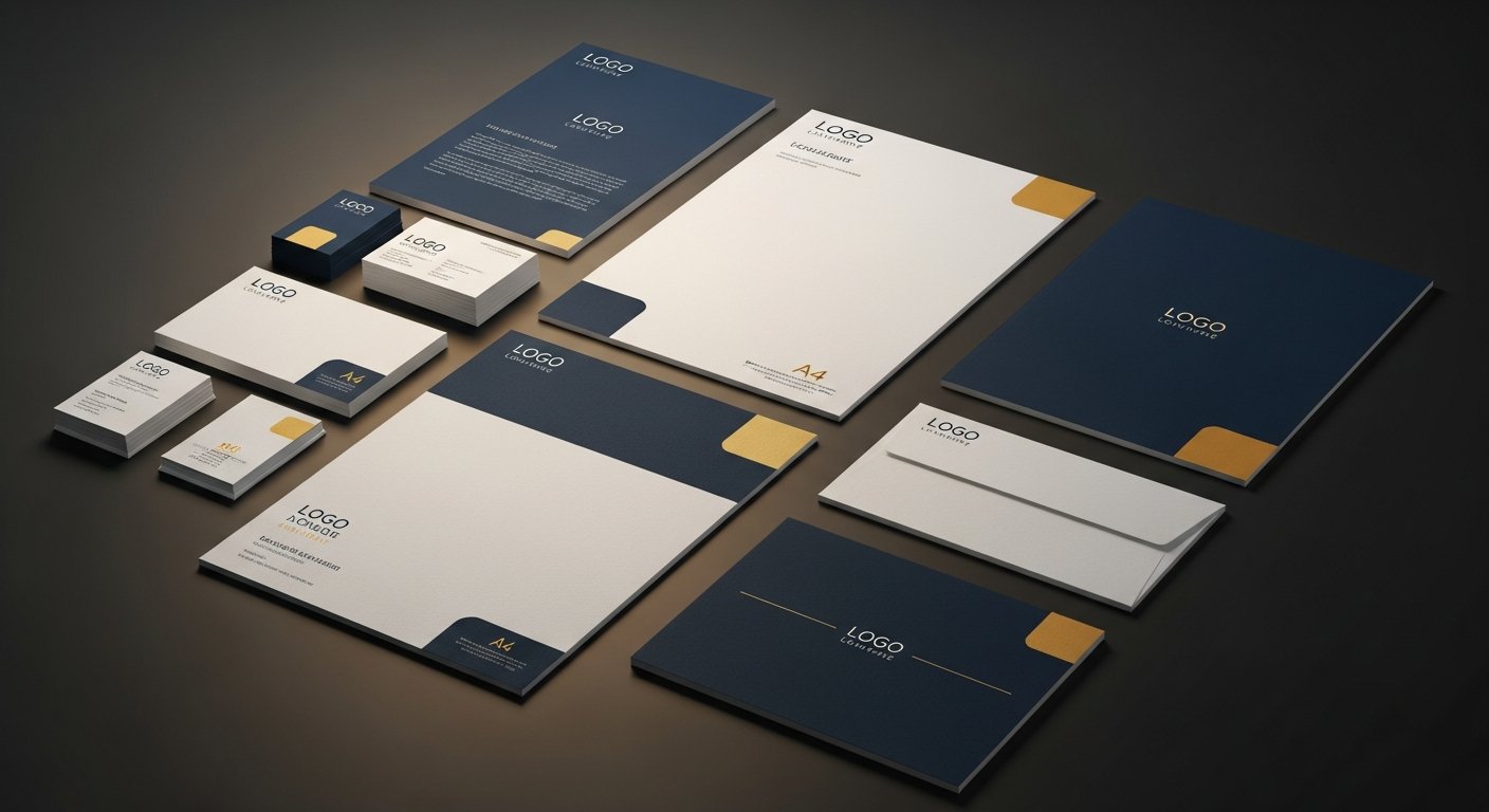 AI_IMAGE: A flat lay arrangement of professionally printed corporate stationery including business cards, letterheads, envelopes, and branded folders on a dark charcoal surface, with warm studio lighting creating subtle shadows and highlights on the premium paper textures, clean minimalist composition | photorealistic | landscape