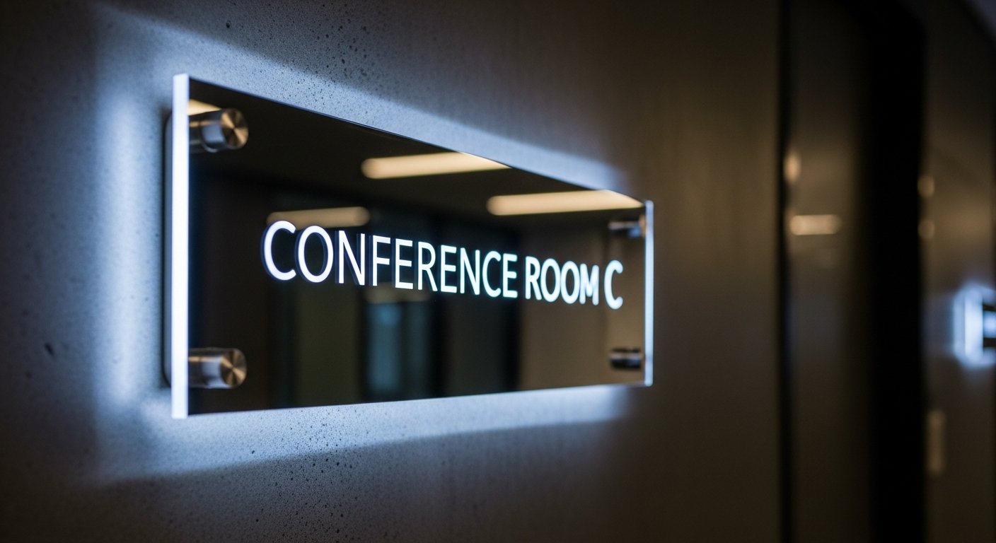 AI_IMAGE: Close-up detail shot of a backlit acrylic office sign mounted on a dark textured wall, the sign reads a room name in clean sans-serif typography with cool white LED edge lighting creating a subtle halo effect around the transparent acrylic, shallow depth of field with soft bokeh of a modern office hallway in the background | photorealistic | landscape