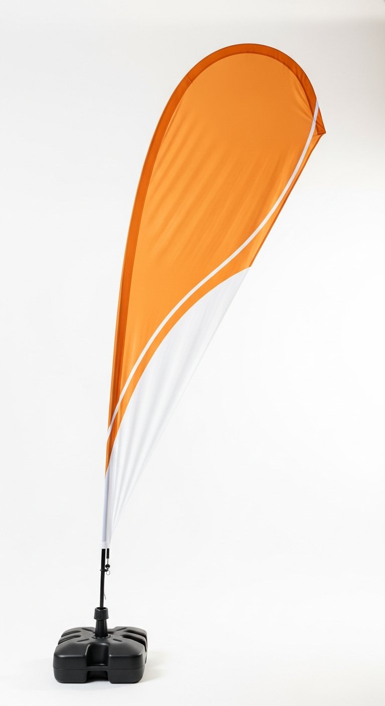 AI_IMAGE: A single professional teardrop-shaped wind banner (windbanner modelo gota) in vibrant amber and white brand colors, shown from a side angle on a clean white background. The banner has a taut fabric surface with smooth curved teardrop silhouette, fiberglass pole visible through the translucent fabric edge, and a black plastic water-filled base. Product photography with soft studio lighting showing the full height of the banner from base to tip | photorealistic | portrait