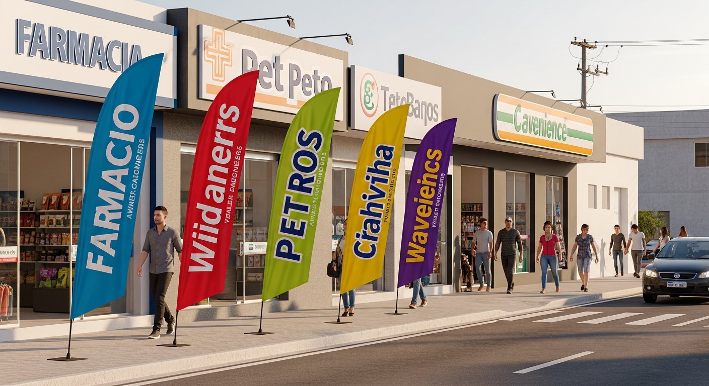 AI_IMAGE: A busy Brazilian commercial street scene showing a row of colorful windbanners (teardrop flag banners) installed on the sidewalk in front of a pharmacy, a pet shop, and a convenience store. Each banner displays the store brand in vibrant colors. Pedestrians walk past and a car drives by on the street. Warm afternoon sunlight, typical small Brazilian city commercial district with low-rise buildings | photorealistic | landscape