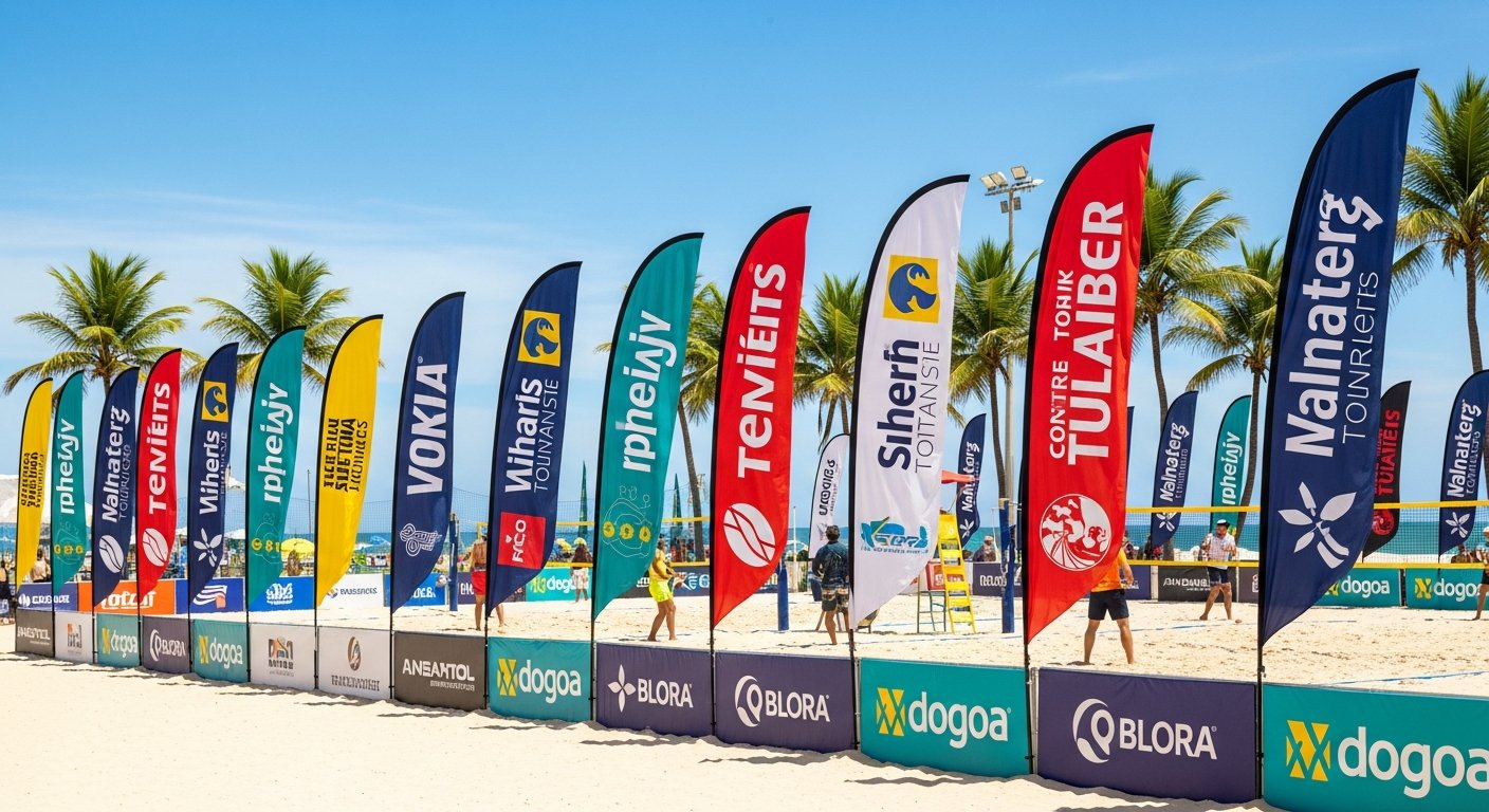 AI_IMAGE: An outdoor beach tennis tournament scene in Brazil with multiple colorful feather-style windbanners lining the sand court perimeter. The banners display sponsor logos and tournament branding in vibrant colors, fluttering in the ocean breeze. Athletes compete on the court in the background. Bright sunny day with blue sky, tropical beach setting with palm trees visible | photorealistic | landscape