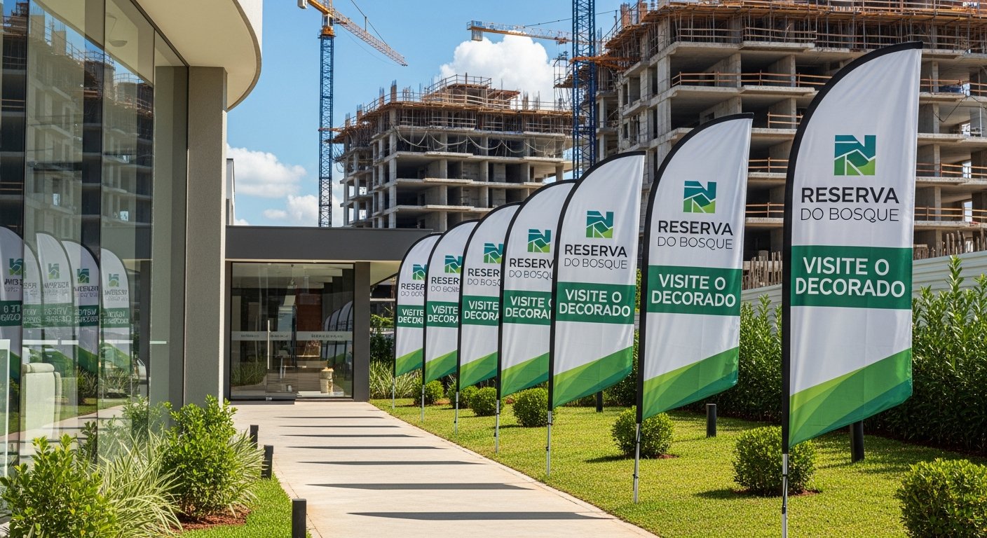 AI_IMAGE: A Brazilian real estate sales office (plantão de vendas) with a row of matching teardrop windbanners in green and white colors lining the entrance path to a model apartment showroom. The banners display the development name and 'Visite o Decorado' text. Modern condominium construction site visible in the background. Daytime, clean landscaped entrance with paved walkway | photorealistic | landscape