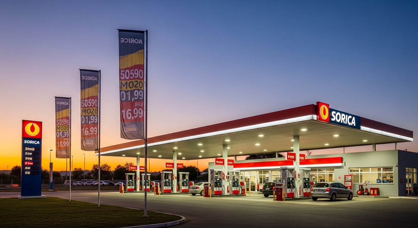 AI_IMAGE: A Brazilian gas station forecourt at dusk with tall 5-meter feather windbanners installed near the fuel pumps and entrance. The banners display the station brand and fuel promotion prices in bold red, yellow and white. Cars are refueling and the station canopy is illuminated with bright white lights. The tall banners tower above the pump islands, visible from the adjacent highway. Warm amber and cool blue twilight sky | photorealistic | landscape